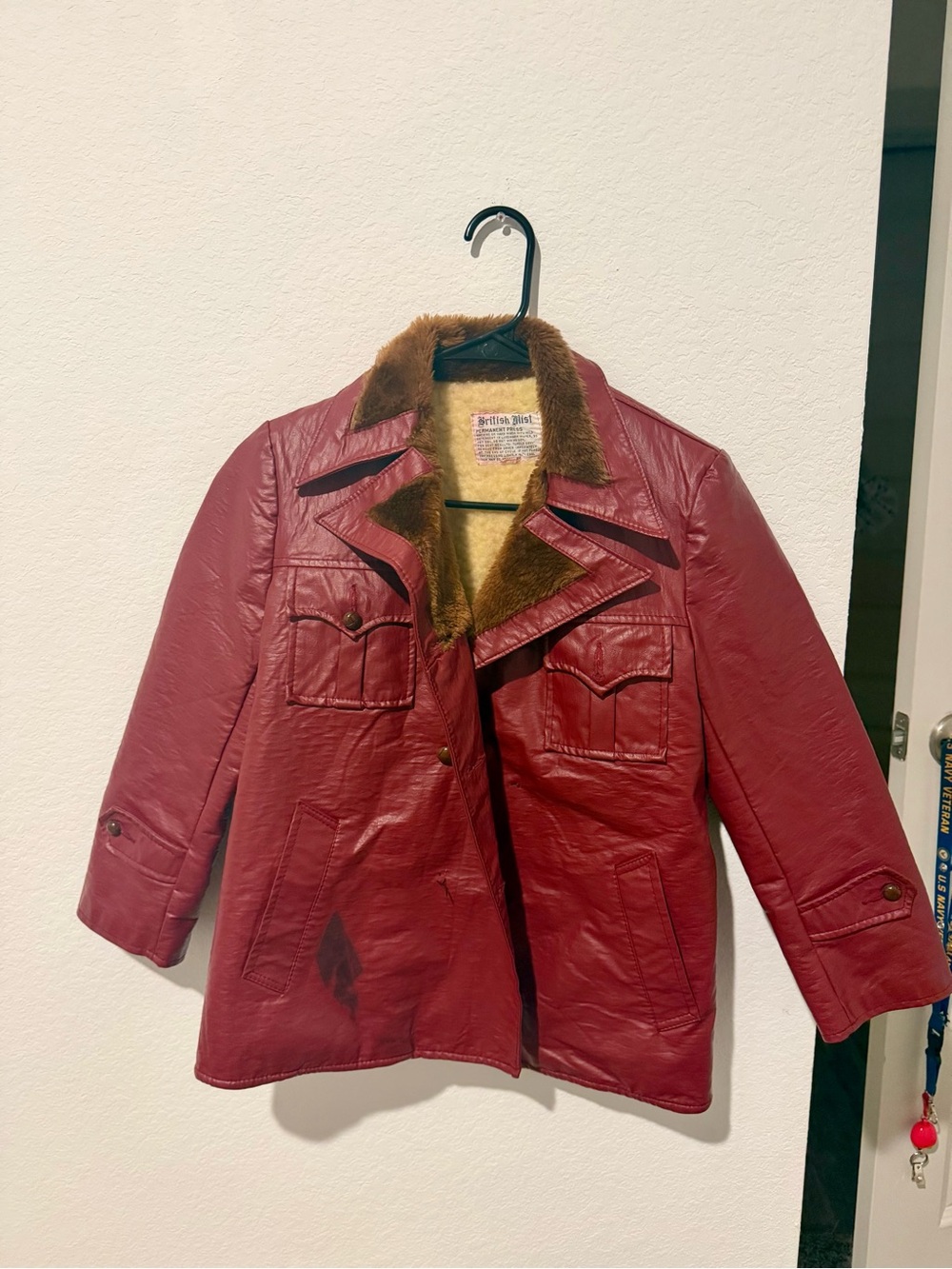 Vintage British Mist Burgundy Faux Leather Jacket with Faux Fur Collar